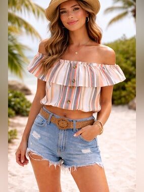 New Glory Striped Off-Shoulder Ruffle Button Front Top - Rust, Taupe & White